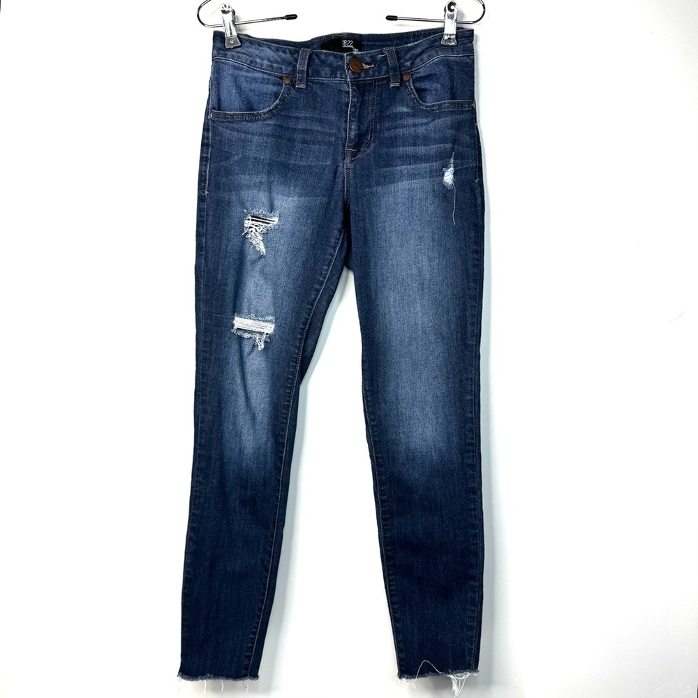 1822 Denim Skinny Jeans Women’s Size 4 Distressed Dark Wash Low Rise Ankle